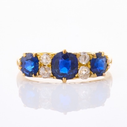 18ct Yellow Gold, Vintage, Three Stone Sapphire / .25ct Old Mine Cut Diamond Ring