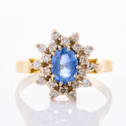 18ct Yellow Gold, Ceylon Type Sapphire / .25ct Diamond Ring