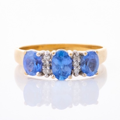 9ct Yellow Gold, Vintage, Three Stone Sapphire / .10ct Diamond Ring