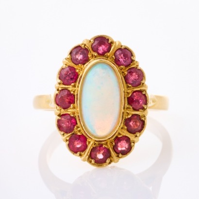 18ct Yellow Gold, Opal / 1.30ct Spinel Ring, Size L