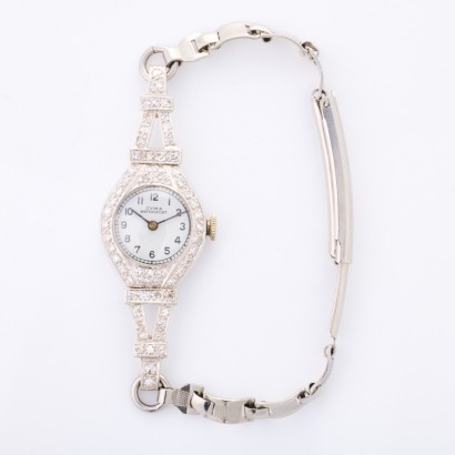 Platinum Case, Vintage, Barrel Shaped Diamond Set Cyma Manual Wind Wristwatch