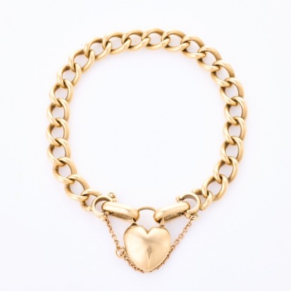 9ct Yellow Gold, Vintage, 20cm Curb Link Bracelet with Puff Heart Padlock Clasp