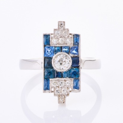 14ct White Gold, Art Deco Style, 1.20ct Sapphire / .34ct Diamond Ring