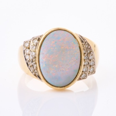 9ct Yellow Gold, Modern, White Opal / .35ct Diamond Ring