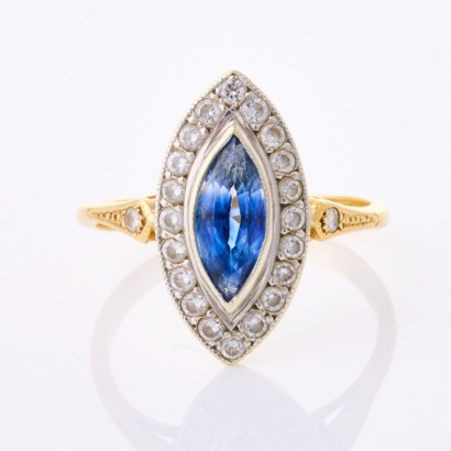 18ct Yellow Gold / White Gold, Marquise Cut Sapphire / .28ct Diamond Ring