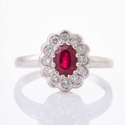 18ct White Gold, 1.28ct Oval Ruby / .43ct Diamond Ring