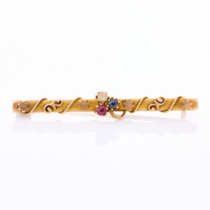 9ct Yellow Gold, Antique, Ruby, Sapphire, Clear Stone Bar Brooch