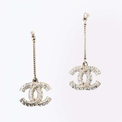 Chanel, Diamante CC Logo Drop Pierced Earrings with Box