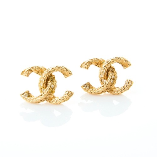 Chanel CC Twisted Gold Tone Pierced Earrings with Box
