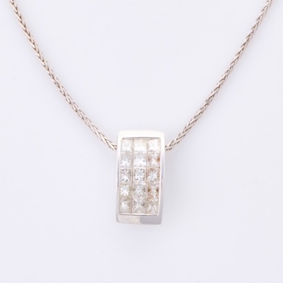 18ct White Gold, .39ct Princess Cut Diamond Pendant on 45cm Chain
