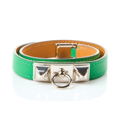 Herm&egrave;s Rivale Double Tour Green Leather Bracelet, Size XS, with Box