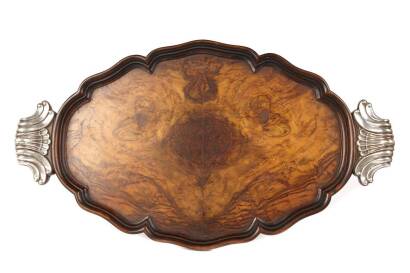 A Large 19th Century Walnut Butlers Tray with Silver Grip Handles