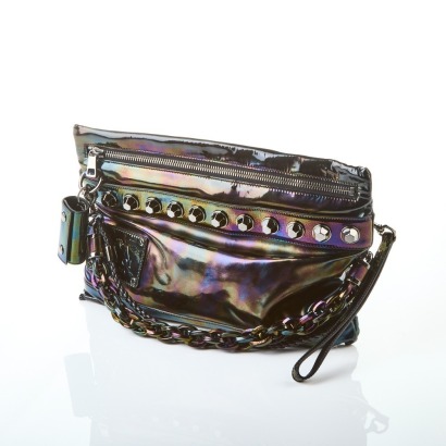 Gucci Holographic Black Patent Leather Metal Stud Clutch