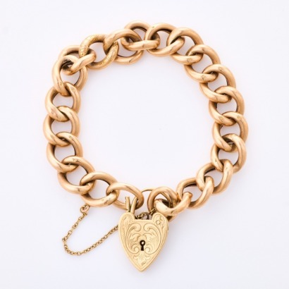 9ct Rose / Yellow Gold, Vintage, Hollow Curb Link Bracelet with Heart Shaped Padlock