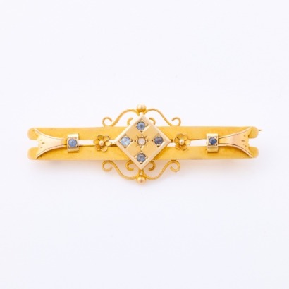 9ct Yellow Gold, Antique Bar Brooch Set with Stones