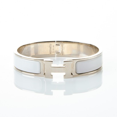 Hermes Clic H White Enamel / Silver Tone Bracelet