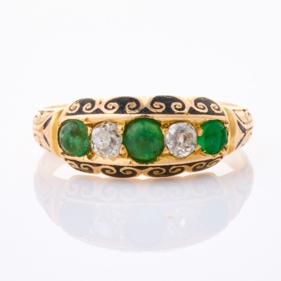 18ct Yellow Gold, Estate, Emerald, Diamond / Black Enamel Ring