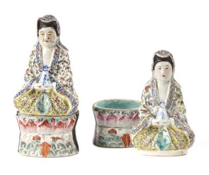 A Pair of Chinese Canton Enamel Painted Porcelain Figure Boxes