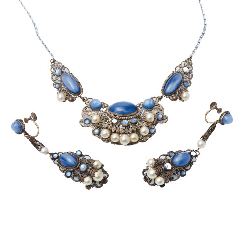 Blue Stone and Pearl Necklace and Earrings