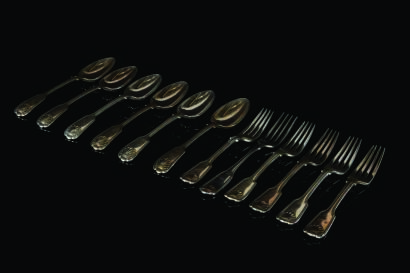 Twelve Mid Victorian Heavy Silver Plated Table Forks and Spoons C. 1860