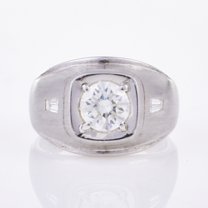 Platinum, Contemporary, 1.09ct Round Brilliant / .10ct Baguette cut Diamond Ring