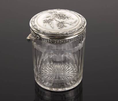 An Italian Silver and Crystal Lidded Biscuit Barrel