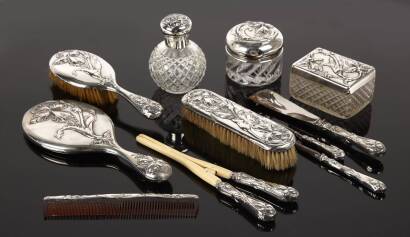 A Italian Art Noveau Eleven Piece Silver Topped Dressing Table Set C. 1900