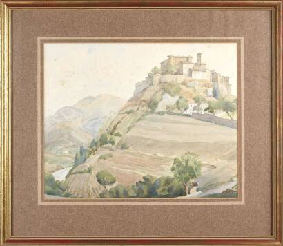 Framed Watercolour, European Castle in a Landscape