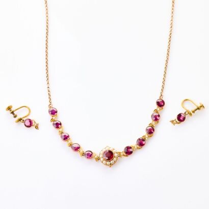 9ct Yellow Gold, Victorian, Garnet / Seed Pearl Necklace and Earring Set with Box
