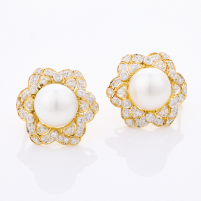 18ct Yellow Gold, Modern, Cultured Pearl / .92ct Diamond Earrings