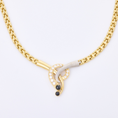 14ct Yellow Gold, 45cm Hollow Flexible Necklace with Cubic Zirconia / Cabochon Cut Sapphires