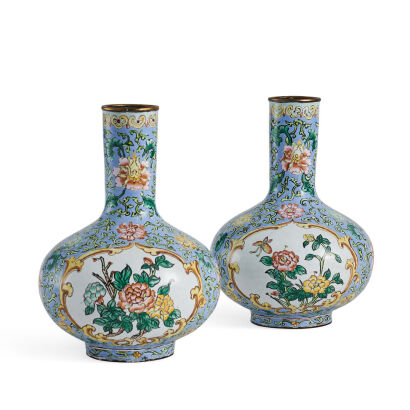 A Pair of 20th Century Chinese Painted Enamel Copper Vases