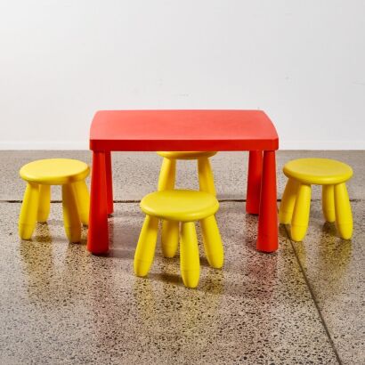 A Vintage Ikea Set of Four Childrens' Stools and Table