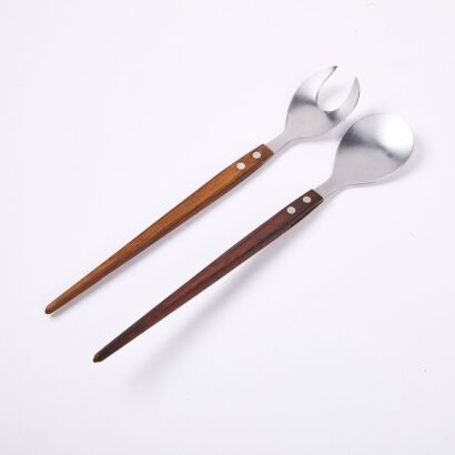 A Pair of Mid-Century Teak and Stainless Steel Salad Servers