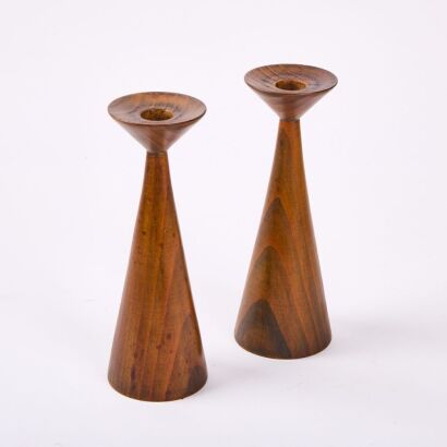 A Pair of Mid-Century Modernist Turned Wood Candle Sticks