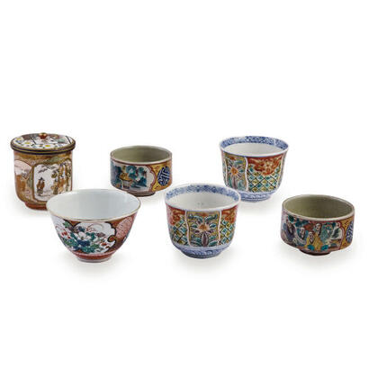 A Kutani Lidded Cup & 3 Imari Cups & 2 Kutani Cups