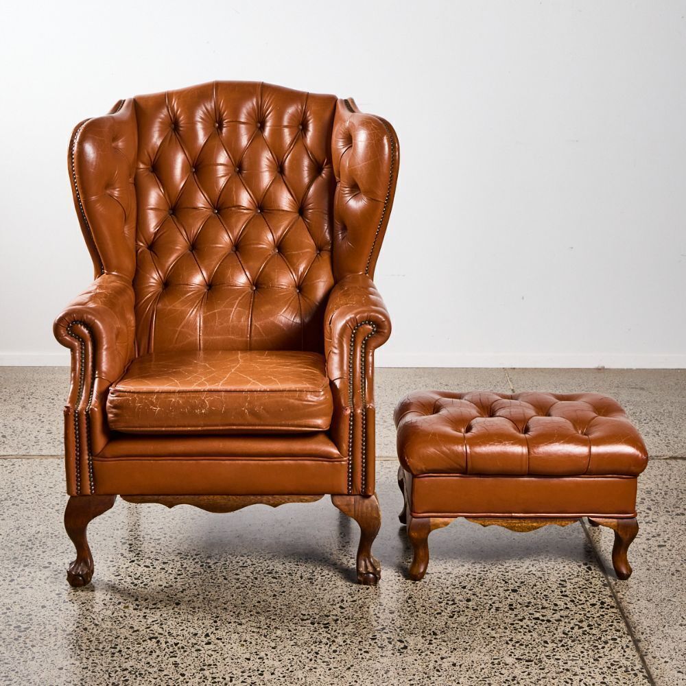 A Vintage Wingback Library Chair & Footstool in Tan Leather