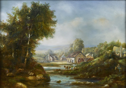 JOS KIVITS Village with Water Wheel by the River