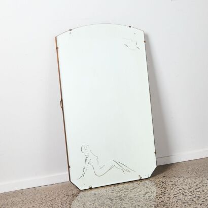 An Art Deco Mirror With Nude Lady Reclining Etched Into Glass