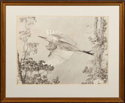 AFTER BRIAN MOORE 1987 Framed Crane Flying Pointillism Print