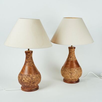 A Stunning Pair of Extra-Large Mid-Century Cork and Teak Table Lamps