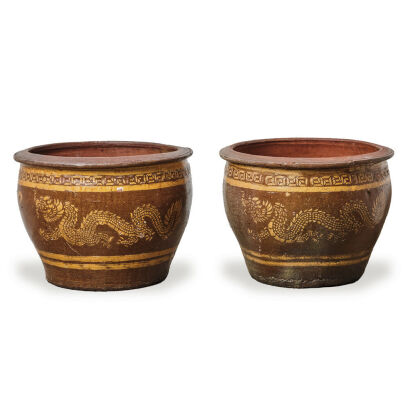 A Pair of Ceramic Flower Pot engraved dragons