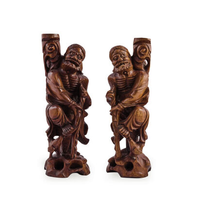 A Pair Of Chinese Longyan Wood Carved Figure Statues