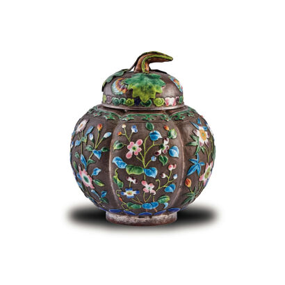 A Late 19th Century Chinese Silver-based Melon-shaped Enamel Lidded Jar