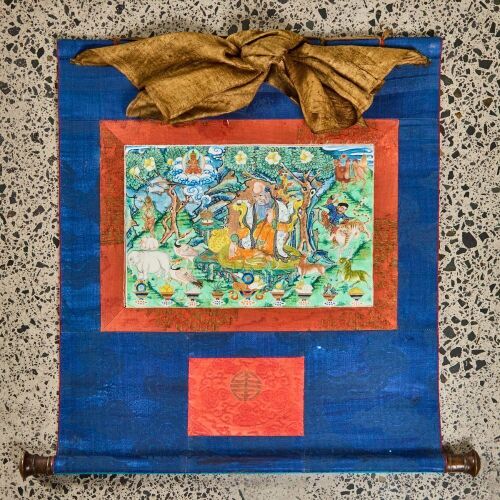 A Chinese 19th century Tibetan &lsquo;birthday' painting on canvas