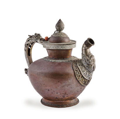 A Chinese Tibetan Copper Milk Tea Pot decorated with silver