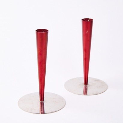 A Pair of Red Enamel Candlesticks