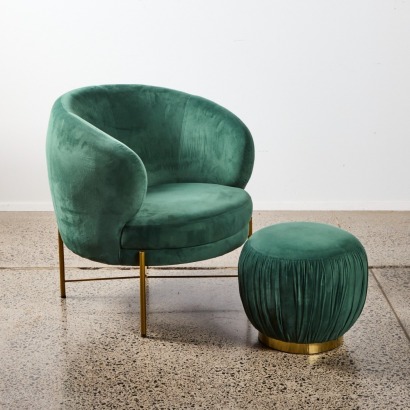 A Modern Chloe Occasional Armchair & Footstool In Green & Gold