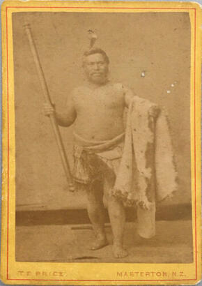 T.E Price - Untitled (Standing man with taiaha and huia feather)