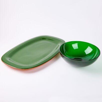 An Australian Heritage Pottery Dish with Green Glass Bowl